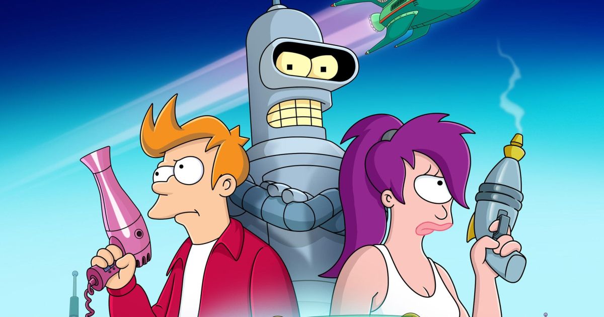 Fry (Billy West), Bender (John DiMaggio), and Leela (Katey Sagal) in Futurama (2023)