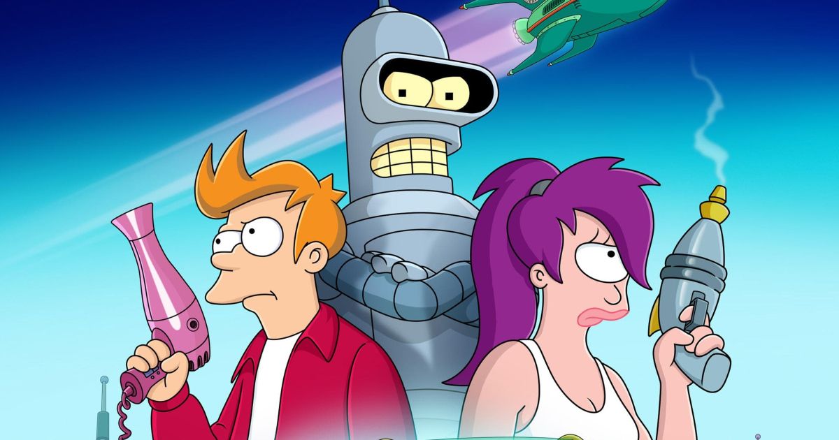 Fry (Billy West), Bender (John DiMaggio) e Leela (Katey Sagal) em Futurama (2023)