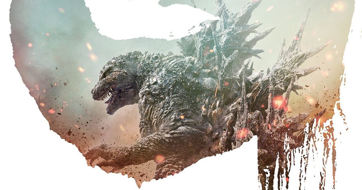 Godzilla with spikes on his back and large scales, with his mouth open and large teeth showing in a poster for Godzilla Minus One