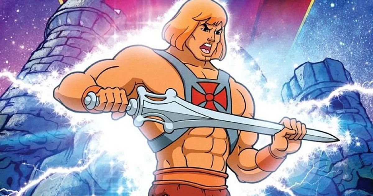 He-Man holding a large silver blade in front of a castle in He-Man and the Masters of the Universe
