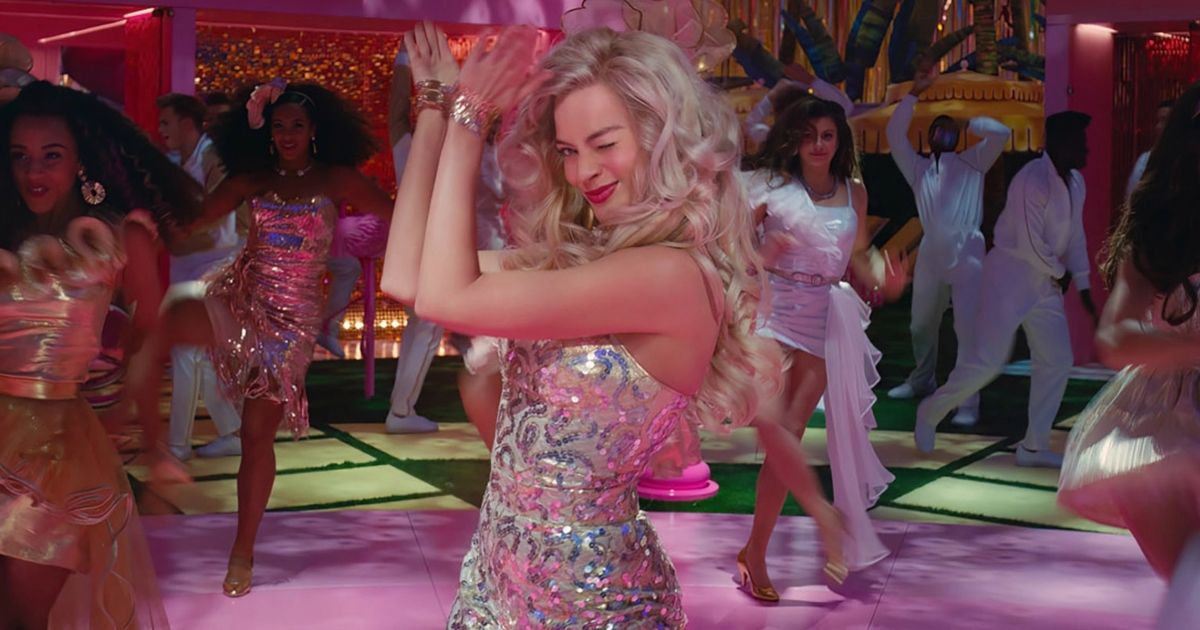 Margot Robbie at the disco party scene in Barbie (Dance the Night song)