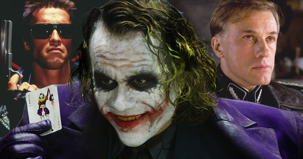 Split image of The Dark Knight's Joker, Inglourious Basterds' Hans Landa, and The Terminator