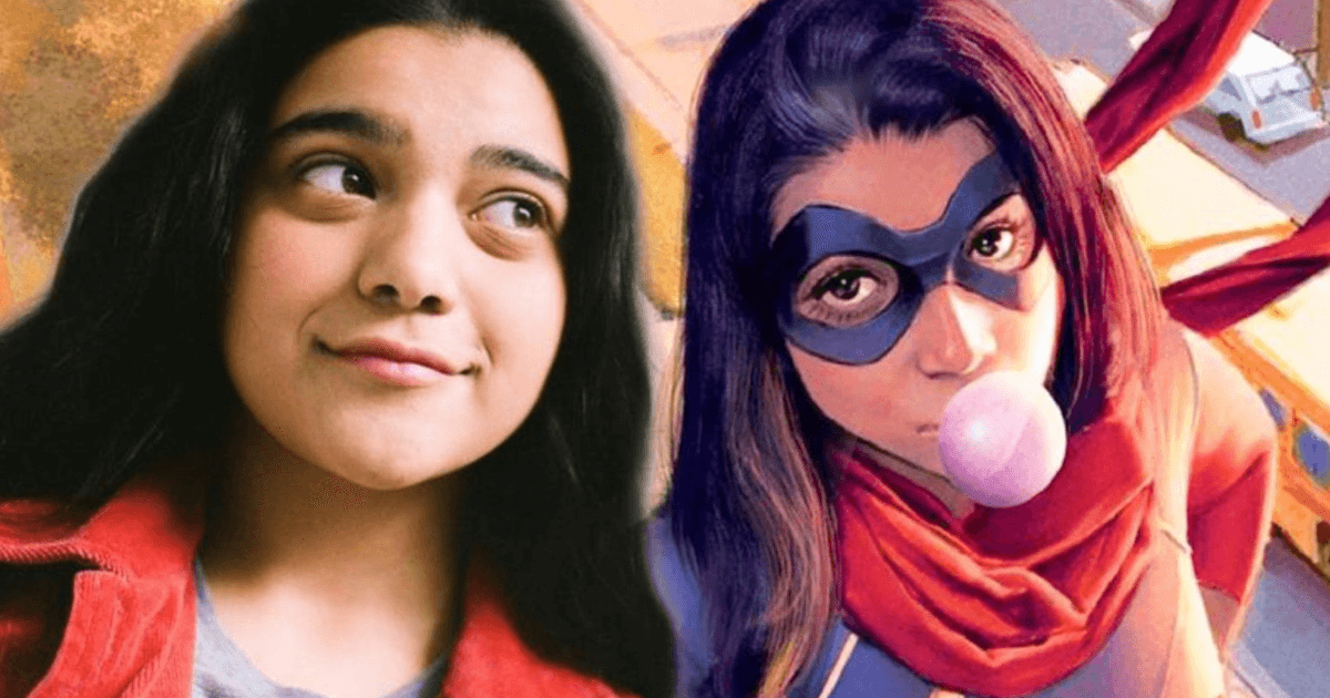Iman Vellani as Kamala Khan next to the comic book version of Ms. Marvel