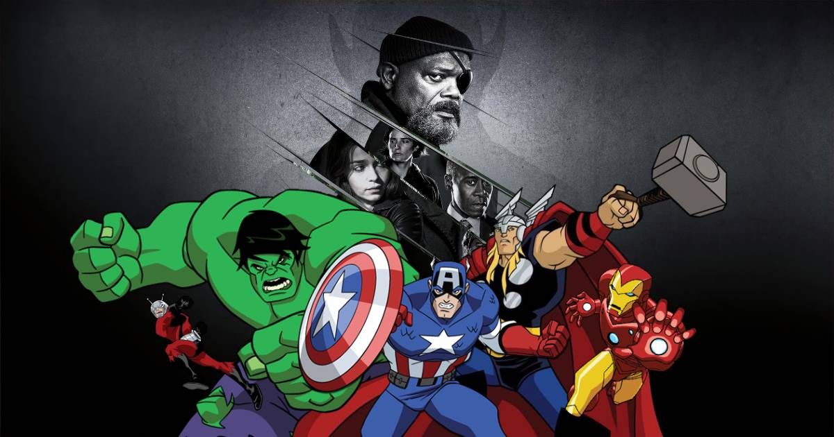 Nick Fury from the MCU with the animated Avengers