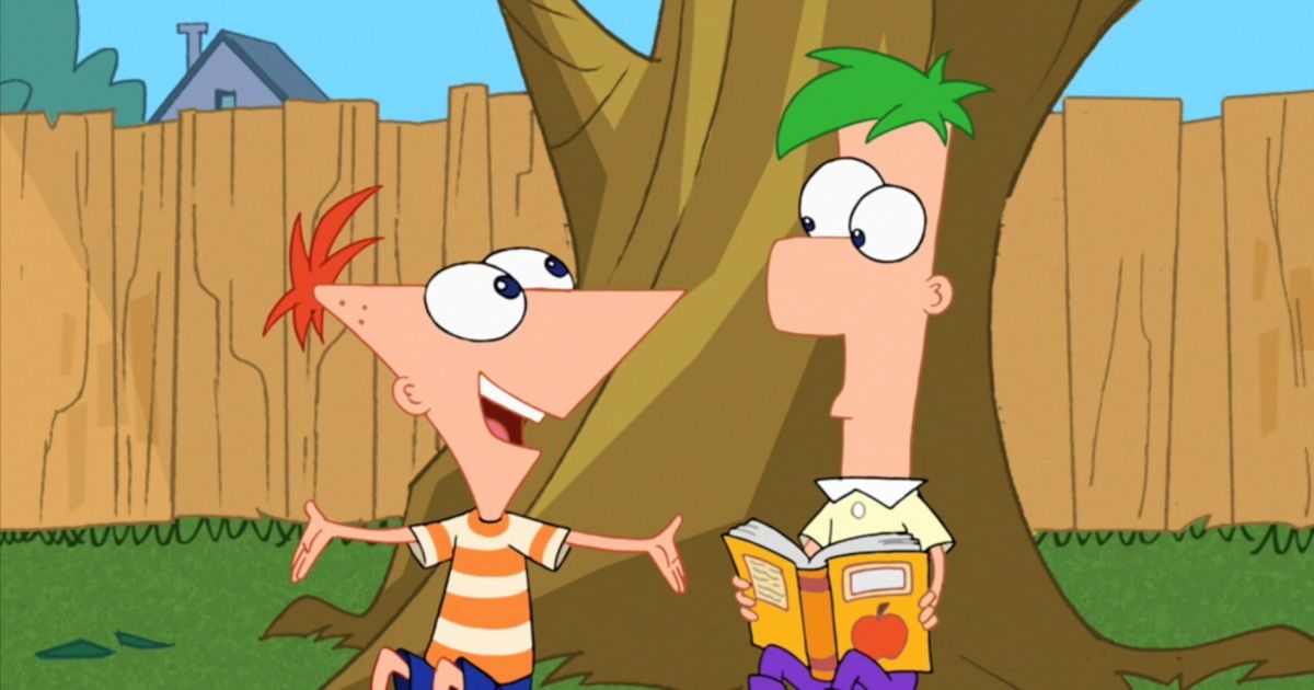 Phineas and Ferb sitting under the tree in their backyard