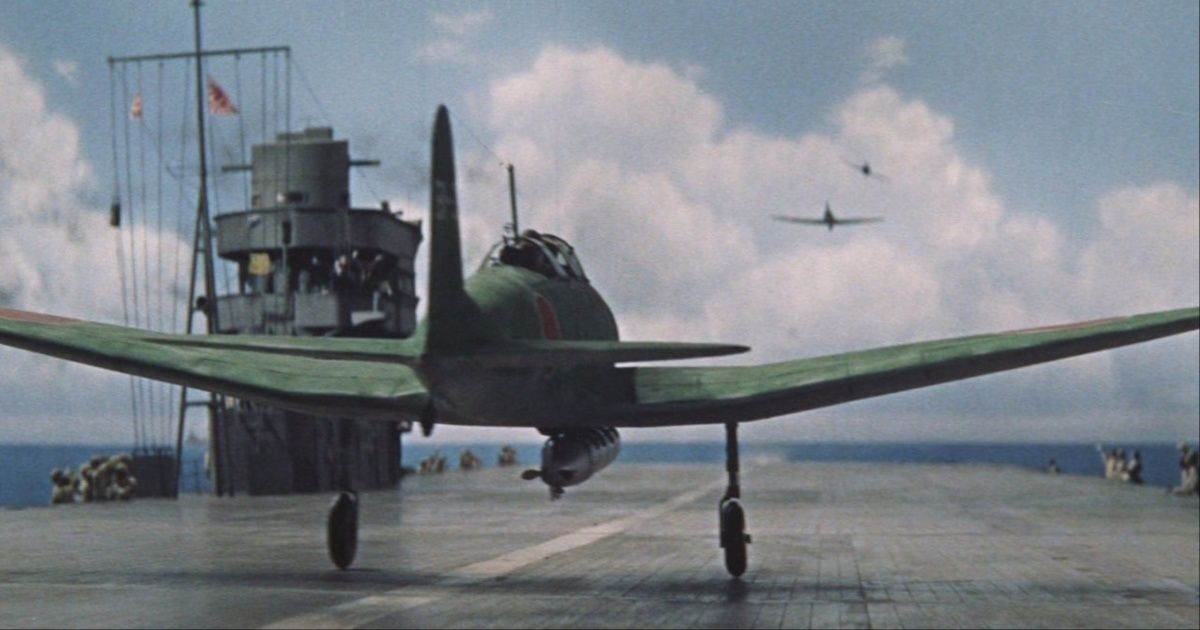 A fighter jet prepares to take off in the Japanese World War II movie, Storm Over the Pacific (1960)