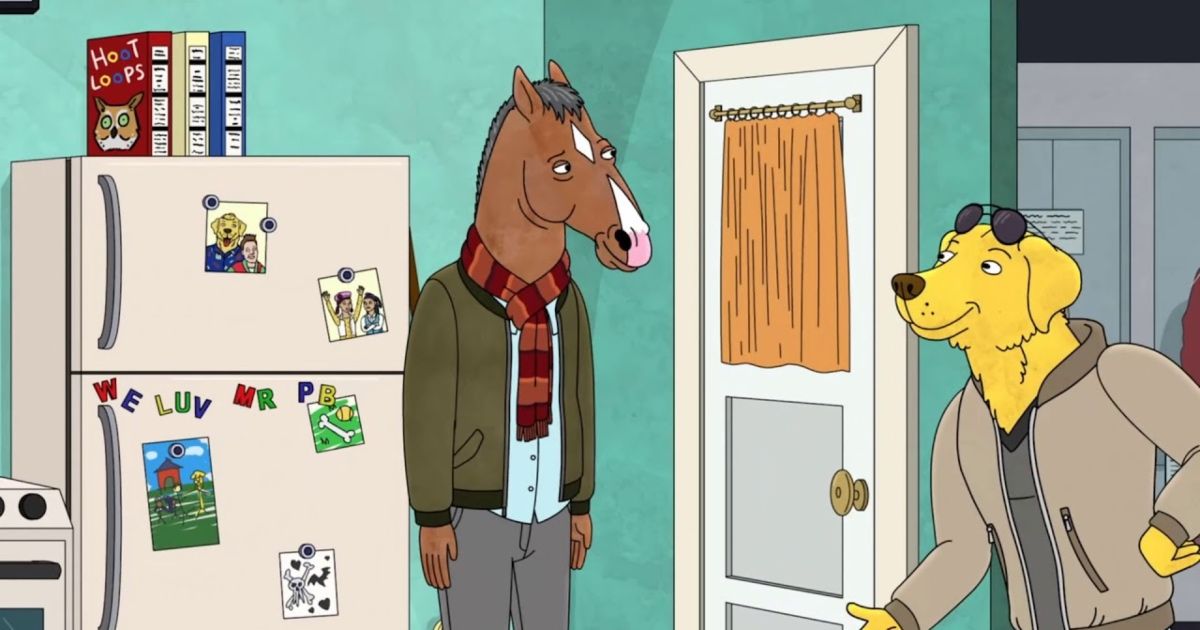 BoJack and Mr. Peanut Butter stand in a kitchen in BoJack Horseman.
