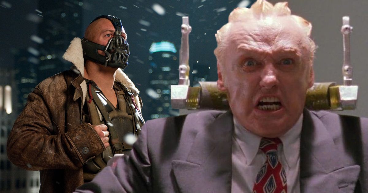 Split image of Bane from The Dark Knight Rises and President Koopa from the Super Mario Bros. Movie