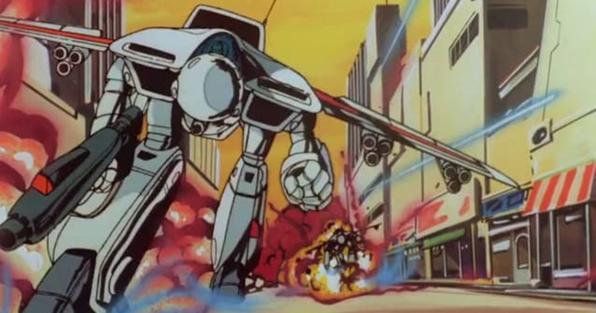 A Mecha fleeing an Explosion in Robotech
