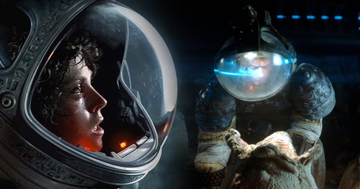 Split image of scenes from Alien