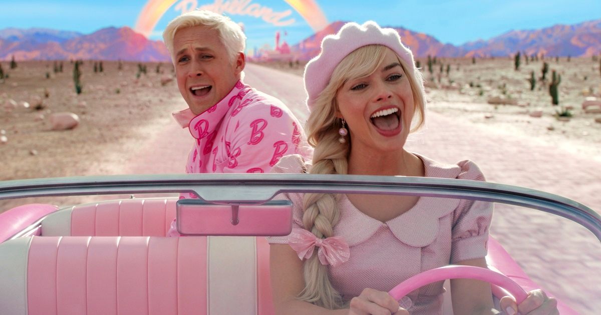 Margot Robbie and Ryan Gosling as Barbie & Ken singing in a car as they drive in the desert in Barbie.