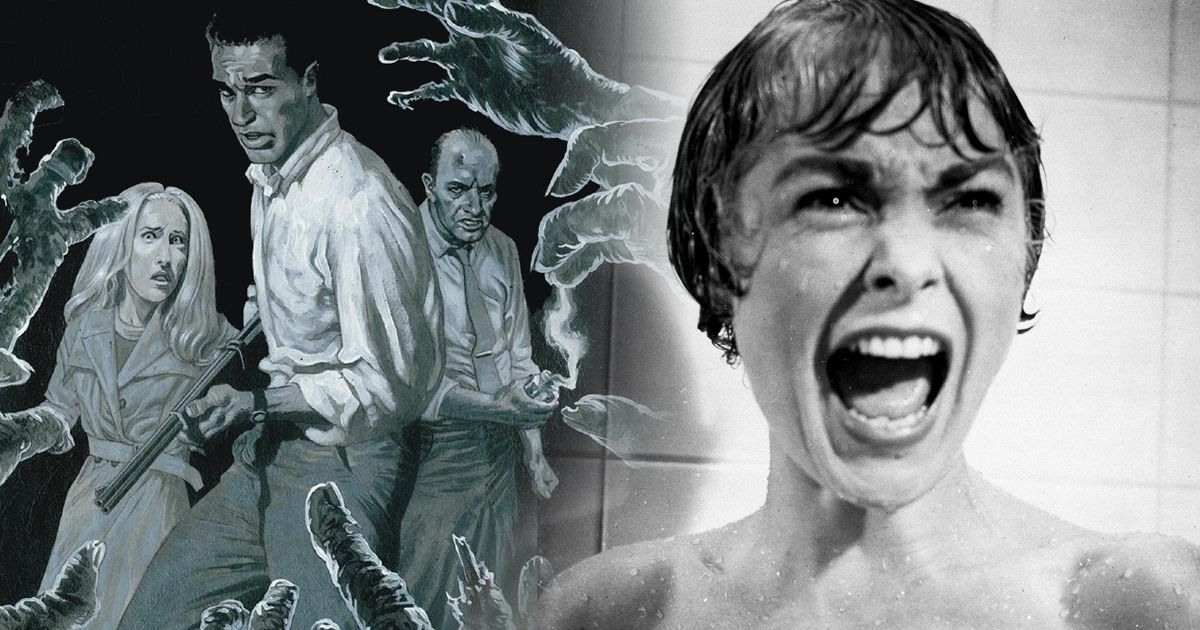 Imagem dividida de Night of the Living Dead e Janet Leigh de Psycho