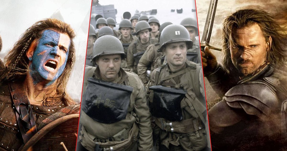 Split image of Braveheart, Saving Private Ryan, and The Return of the King