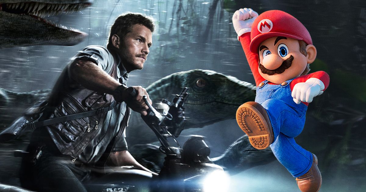 Split image of Chris Pratt's Mario with a poster for Jurassic World in the background