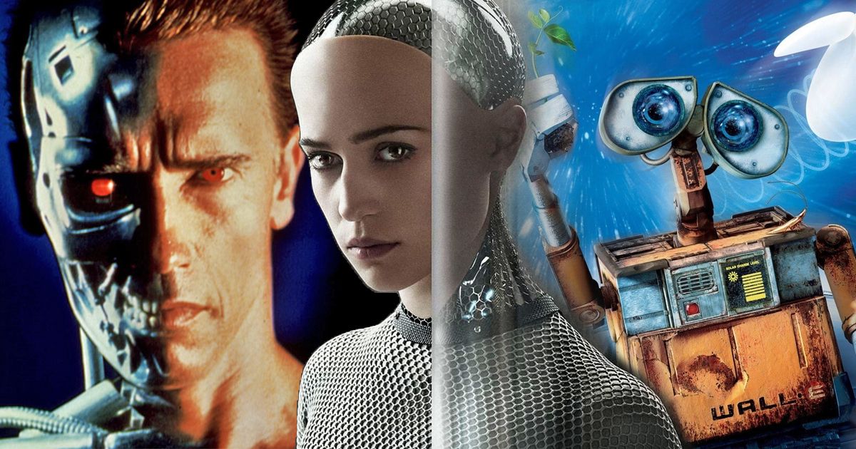 Split image of posters from Ex Machina, The Terminator, and Wall-E