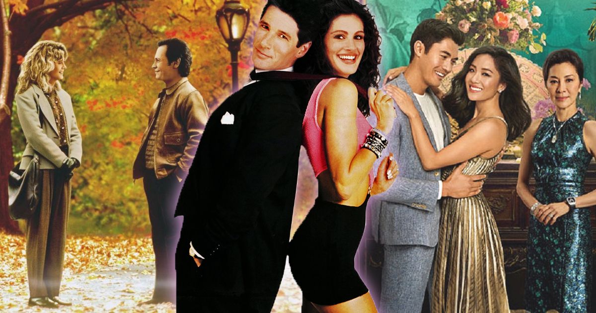 Split image of rom-coms like When Harry Met Sally, Pretty Woman, and Crazy Rich Asians