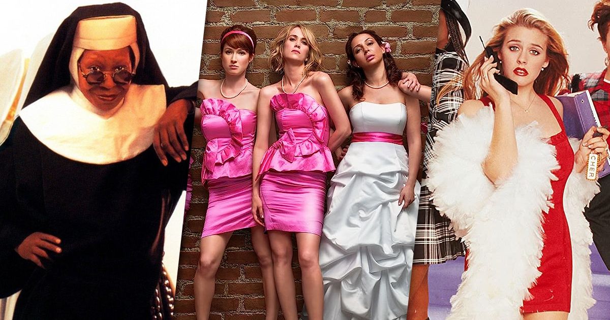 Split image of Sister Act, Bridesmaids and Clueless posters