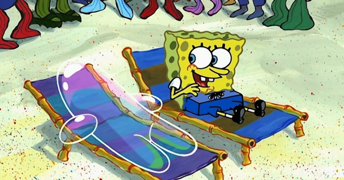 SpongeBob sitting as the beach with Bubble Buddy in an episode of SpongeBob SquarePants