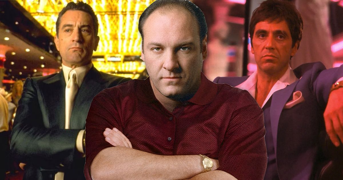 Split image featuring Tony Soprano from Th3e Sopranos, Tony Montana from Scarface, and Sam Rothstein from Casino