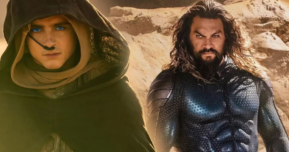 Timothee Chalamet in Dune: Part Two stands with Jason Momoa in Aquaman 2