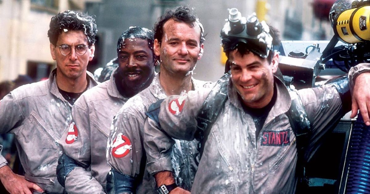 The main cast of Ghostbusters, including Bill Murray as Dr. Peter Venkman, Dan Aykroyd as Dr. Raymond Stantz, Harold Ramis as Dr. Egon Spengler, and Ernie Hudson as Winston Zeddmore in Ghostbusters.