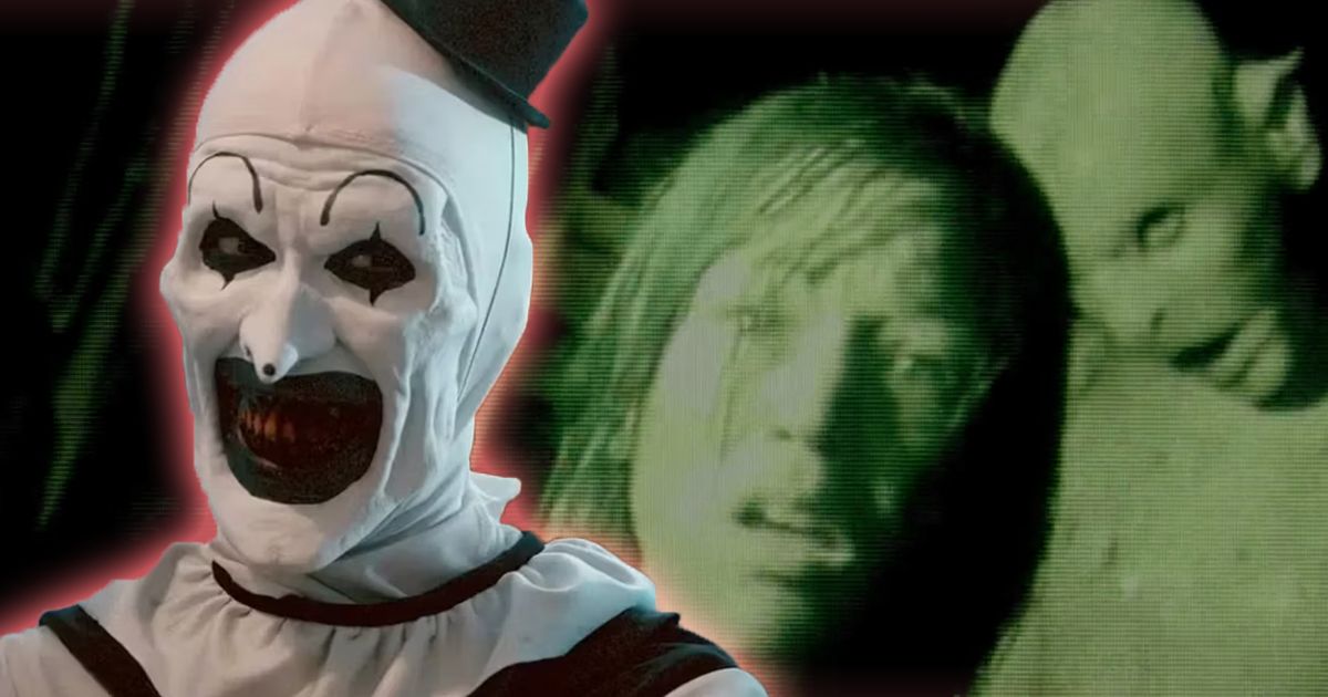 Art the Clown from Terrifier with a night vision scene from The Descent in the background
