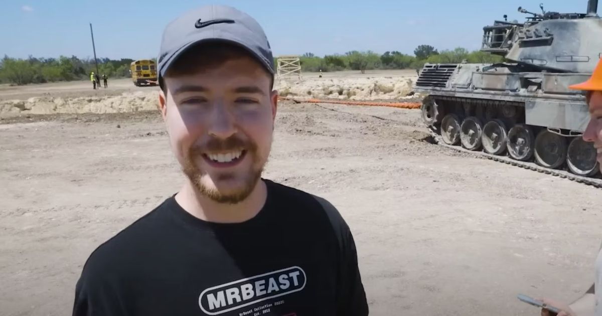 MrBeast with a tank in the background in one of his YouTube videos. 