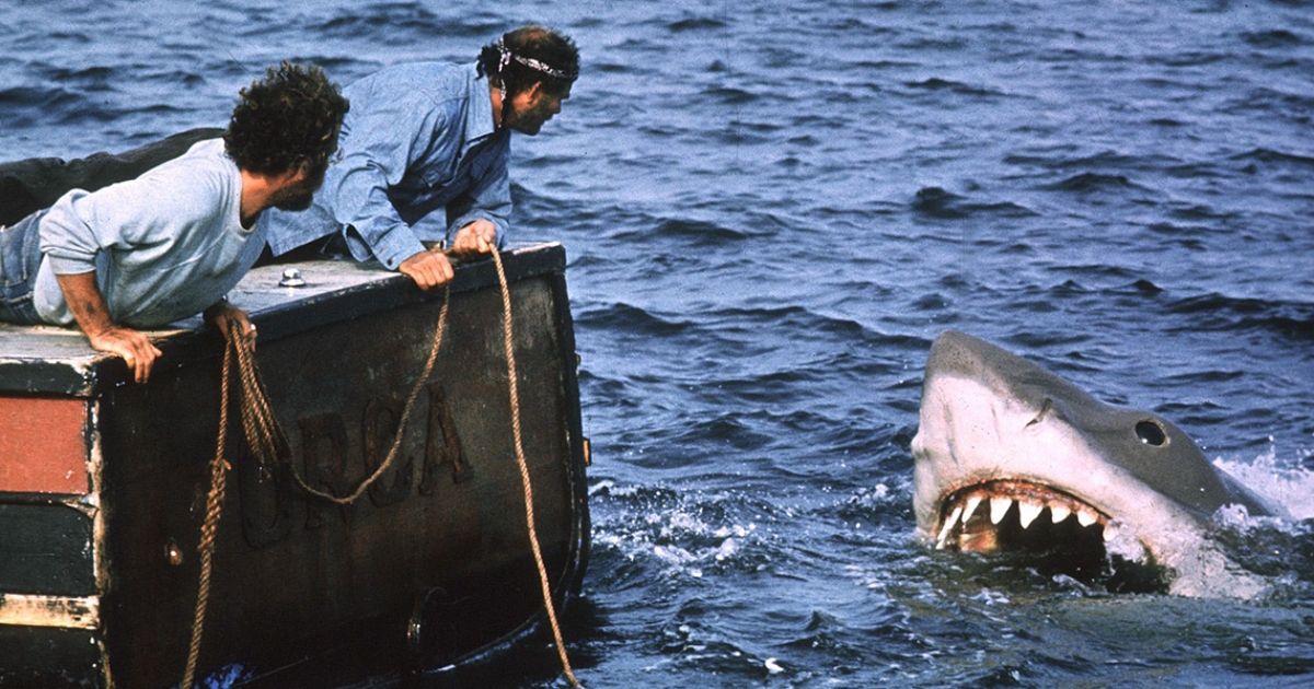The shark emerges from the ocean in Jaws.
