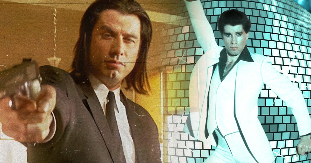 Split image of John Travolta in Pulp Fiction and Saturday Night Fever