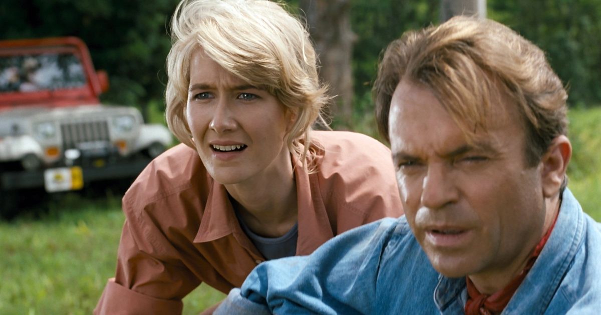 Laura Dern e Sam Neill em Jurassic Park