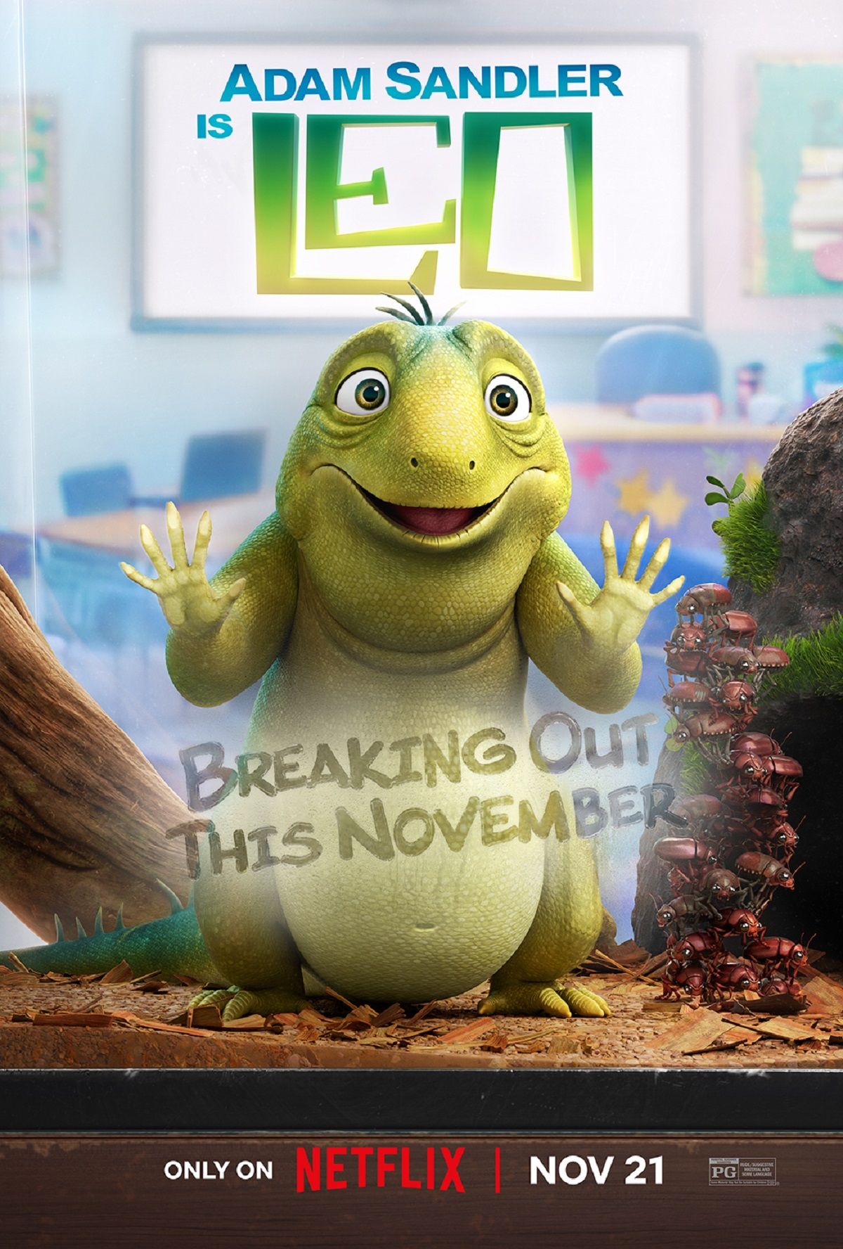 Leo trailers and posters show Adam Sandler as a jaded old lizard on