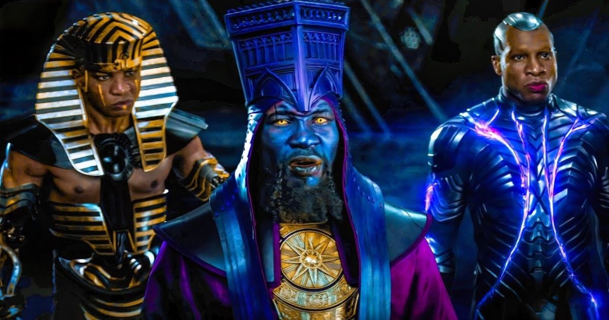 Jonathan Majors as three Kang variants, dressed in purple, and gold, with one in an Egyptian outfit and another in a futuristic suit in Ant-Man and the Wasp: Quantumania.