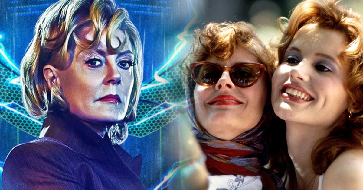 Split image of Susan Sarandon in Blue Beetle and Thelma & Louise