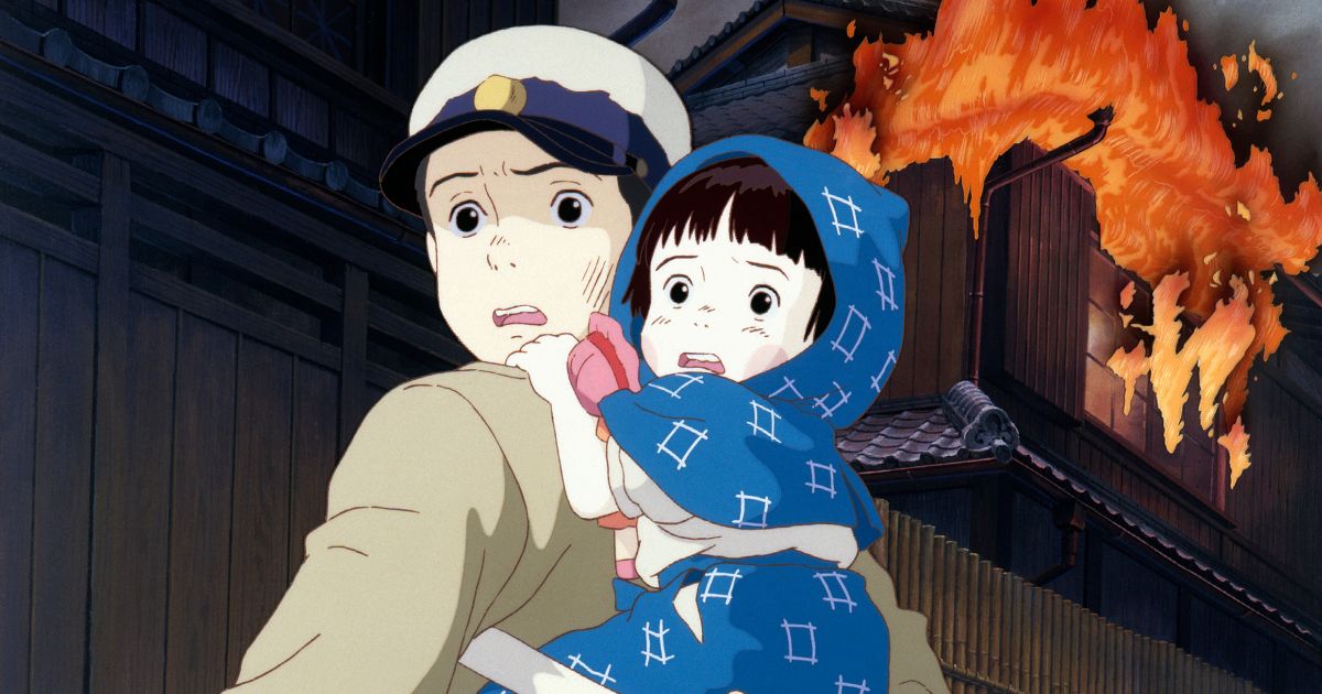 Two Characters in Front of a Fire in Grave of the Fireflies 