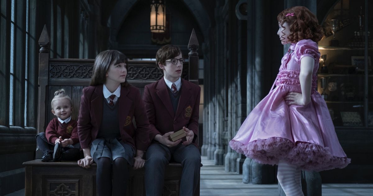 The Baudelaire siblings and Carmelita at the Austere Academy in A Series of Unfortunate Events (2017).