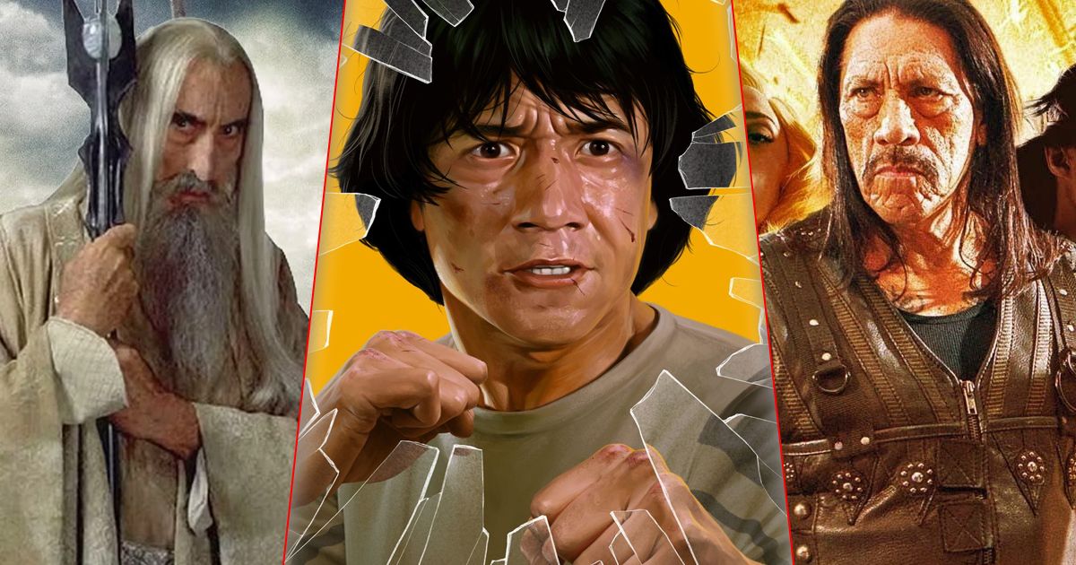 Split image of Christopher Lee in Lord of the Rings, Jackie Chan in Police Story, and Danny Trejo in Machete