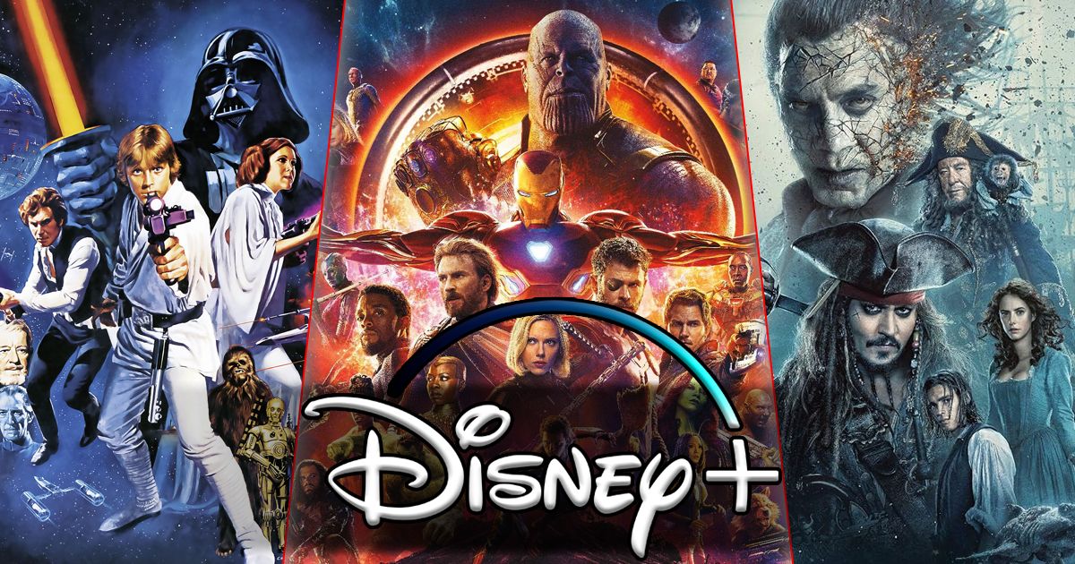 Split image of Star Wars, Avengers, and Pirates of the Caribbean on Disney+