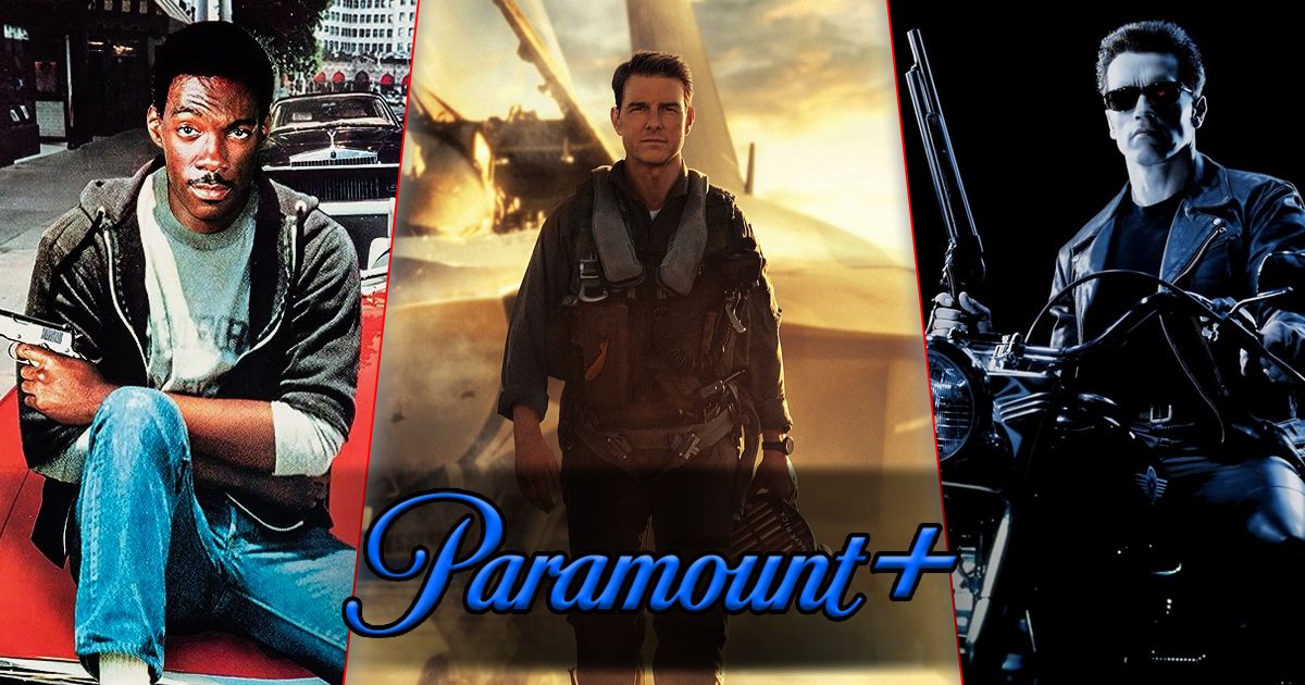Split image of Beverly Hills Cop, Top Gun: Maverick, and Terminator 2 on Paramount+