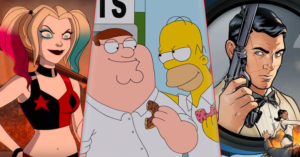 Split image of Harley Quinn, The Simpsons Guy, and Archer