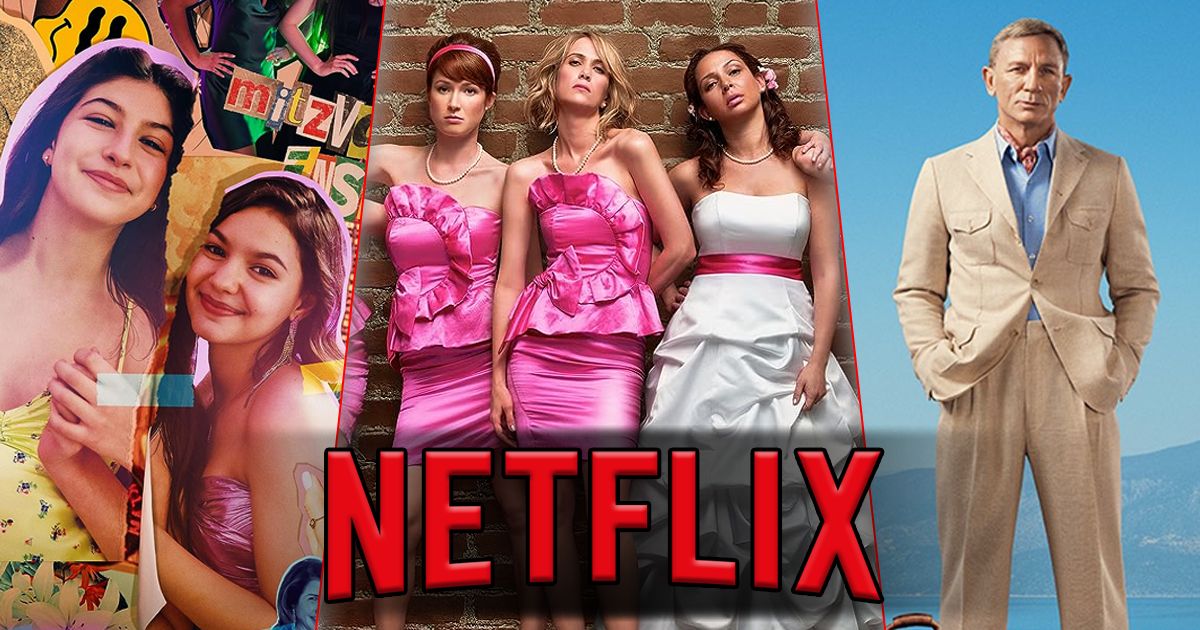 Split image of You're So Not Invited To My Bat Mitzvah, Bridesmaids, and Glass Onion on Netflix