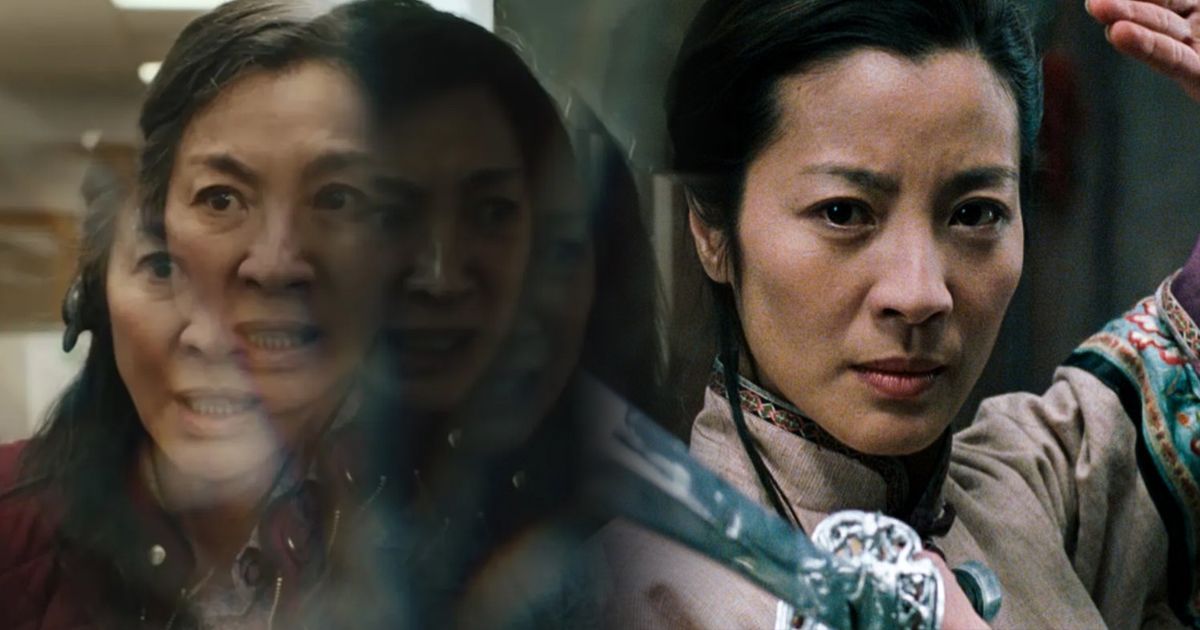 Split image of Michelle Yeoh in Crouching Tiger, Hidden Dragon and Everything Everywhere All At Once