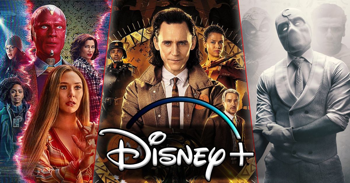 Split image of WandaVision, Loki, and Moon Knight on Disney+
