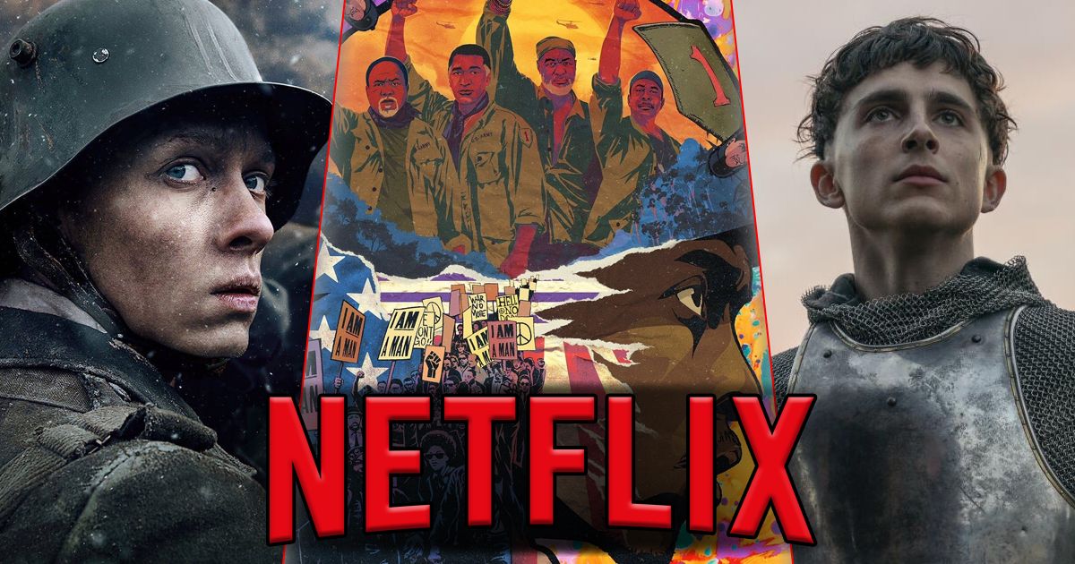 Split image of All Quiet on the Western Front, Da 5 Bloods, and The King on Netflix