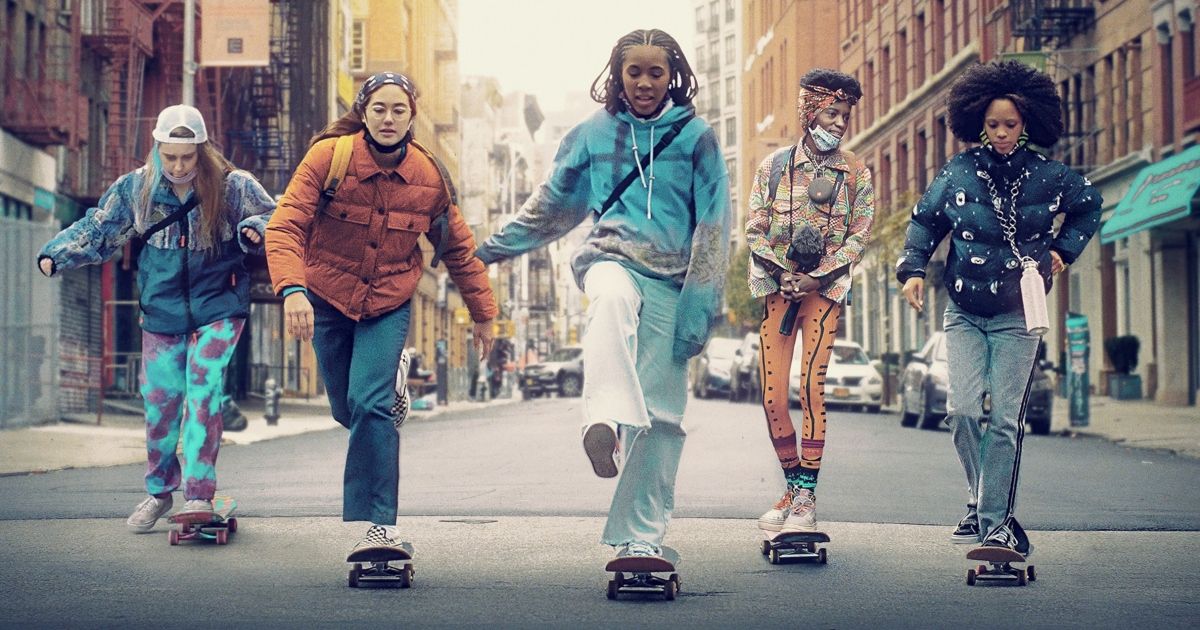 The cast of Betty (HBO) riding skateboards in New York