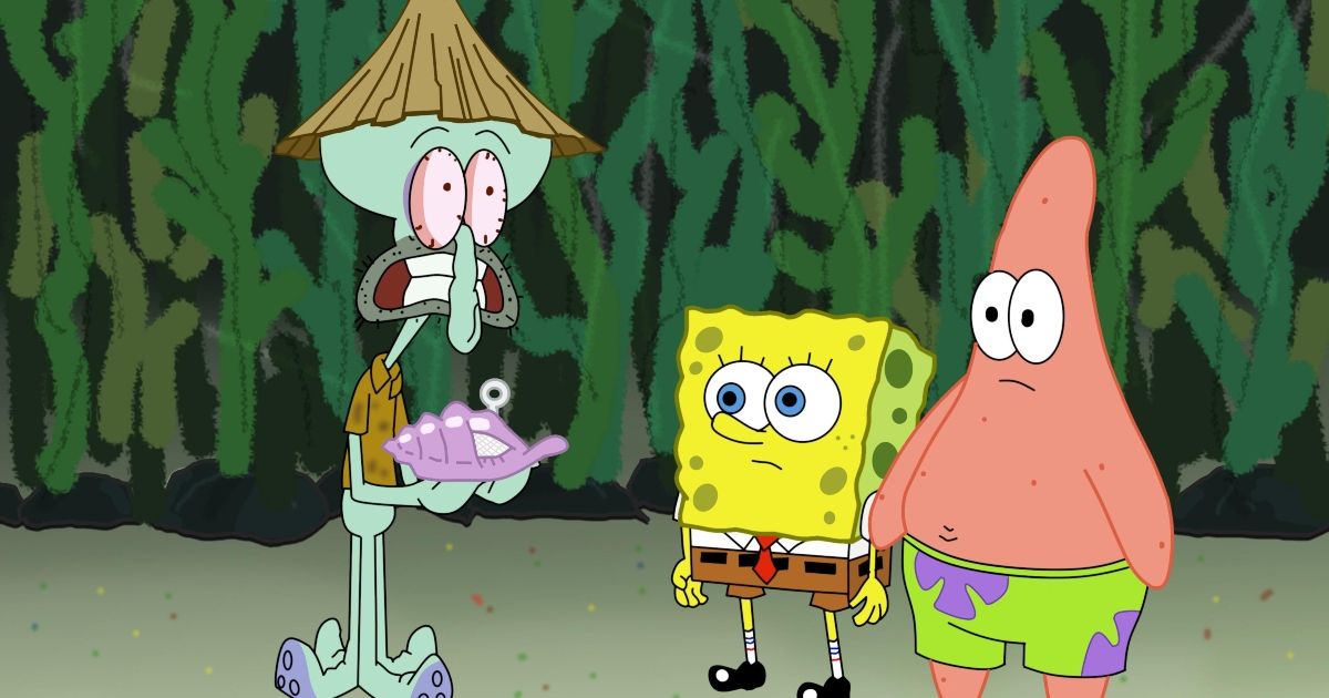 SpongeBob, Patrick, and Squidward stranded in the kelp forest holding a conch shell with a string attached to it.
