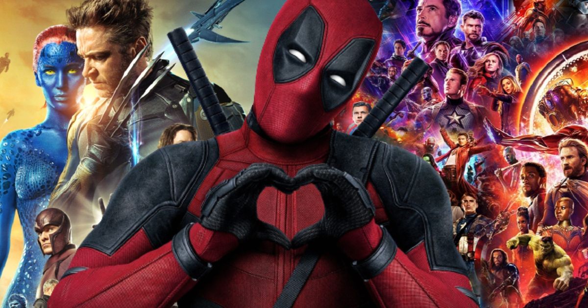 Ryan Reynolds as Deadpool in his black and red suit, with the Fox X-Men movies on one side and the MCU on the other side.