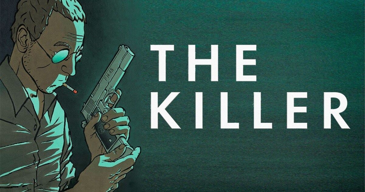 A poster for David Fincher's The Killer, featuring a cartoon man smoking a cigarette, loading a pistol with The Killer title next to him.