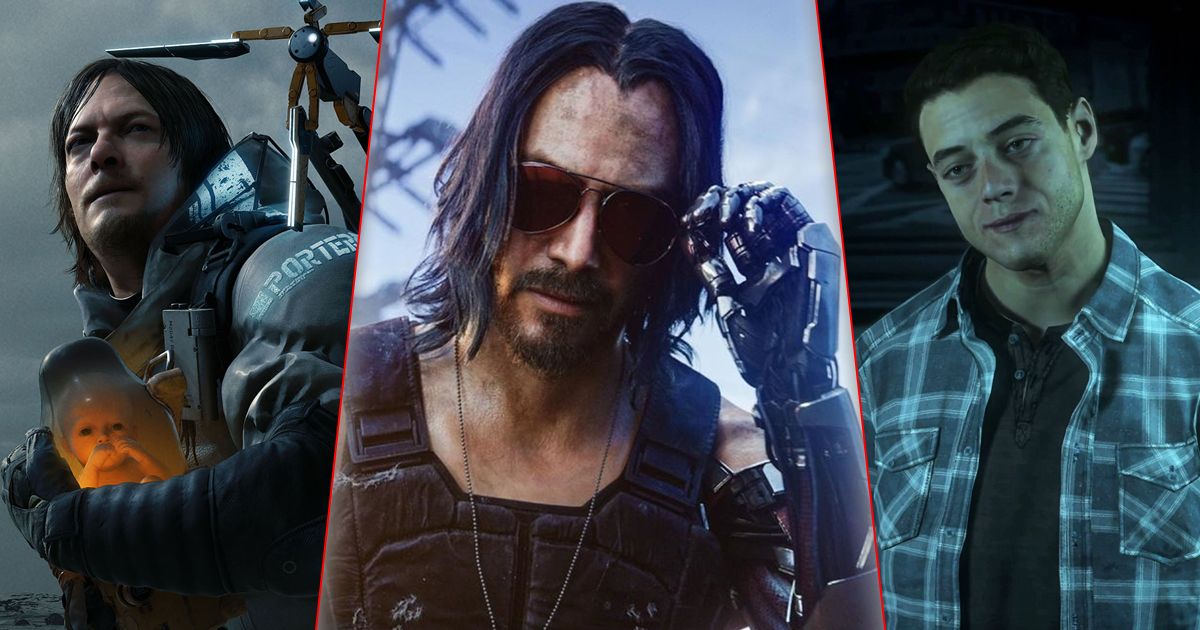 Split image of Norman Reedus in Death Stranding, Keanu Reeves in Cyberpunk 2077, and Rami Malek in Until Dawn