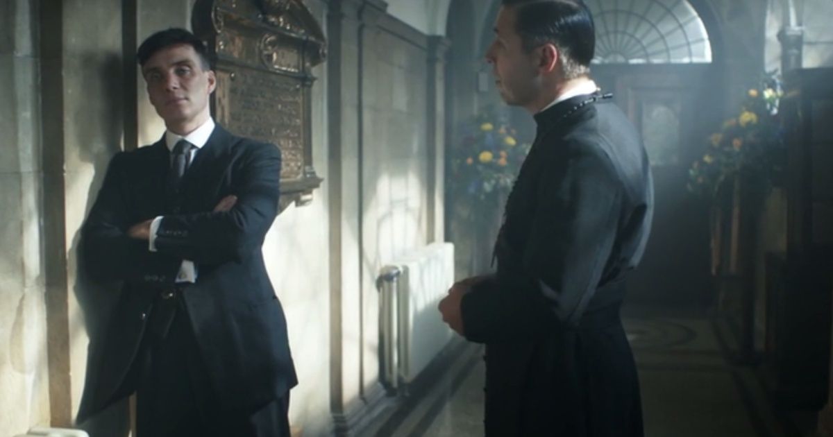Father Hughes mocks Tommy about his charity foundation in Peaky Blinders