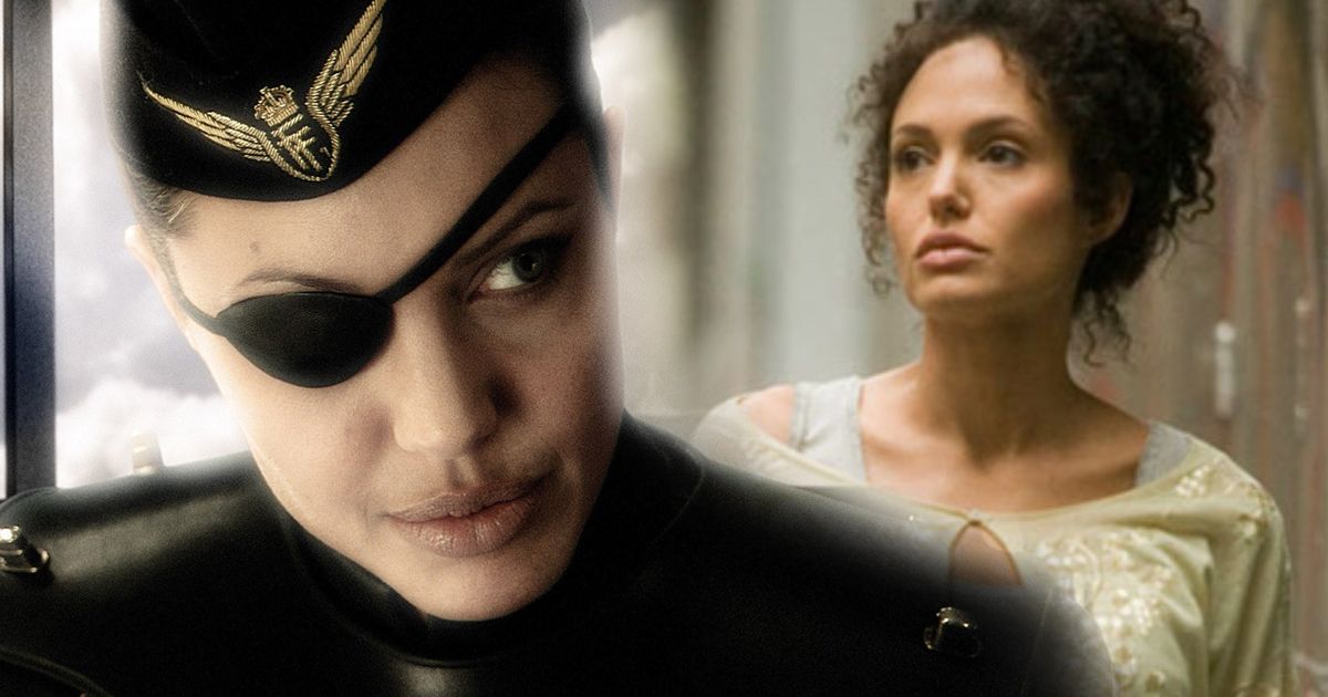 Split image of Angelina Jolie in A Mighty Heart and Sky Captain